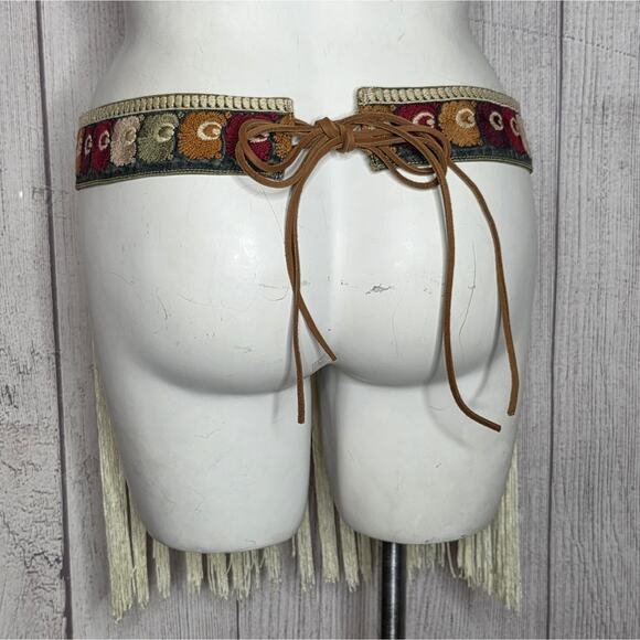 VTG 90s Y2K Boho Macrame Knot Fringed Reversible Embroidered & Denim Belt main image 7